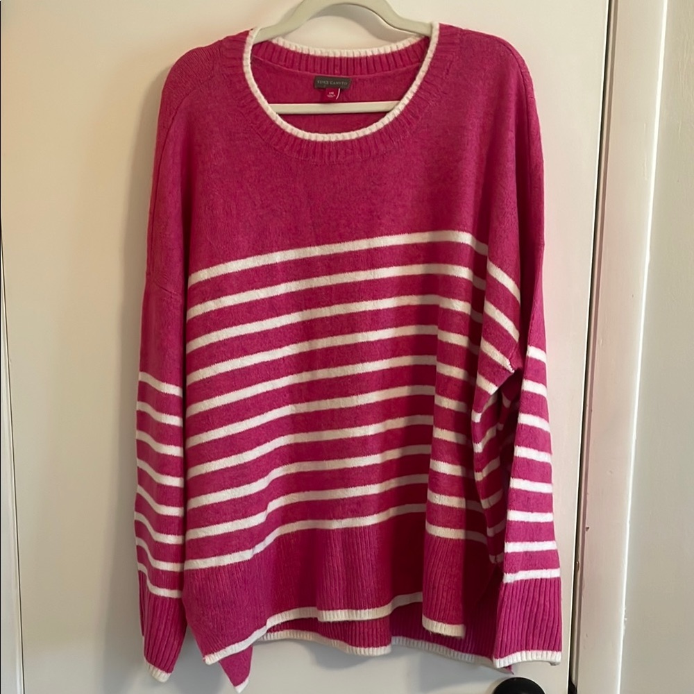 EUC Vince Camuto Pink and White Crew Neck Striped Sweater